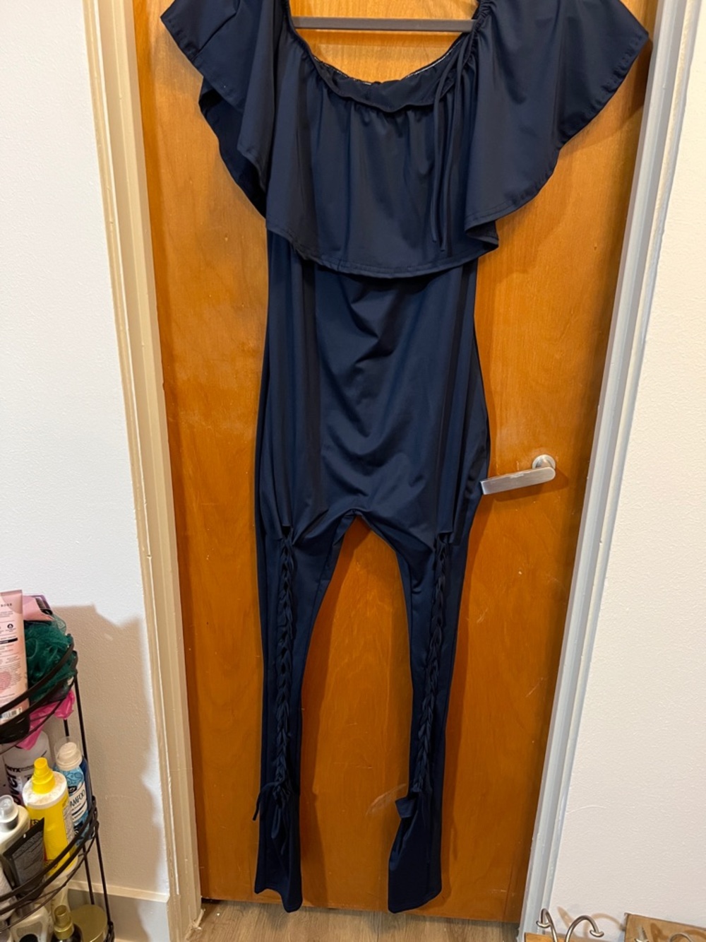 Women’s Navy Off-Shoulder Jumpsuit with Leg Tie Detail